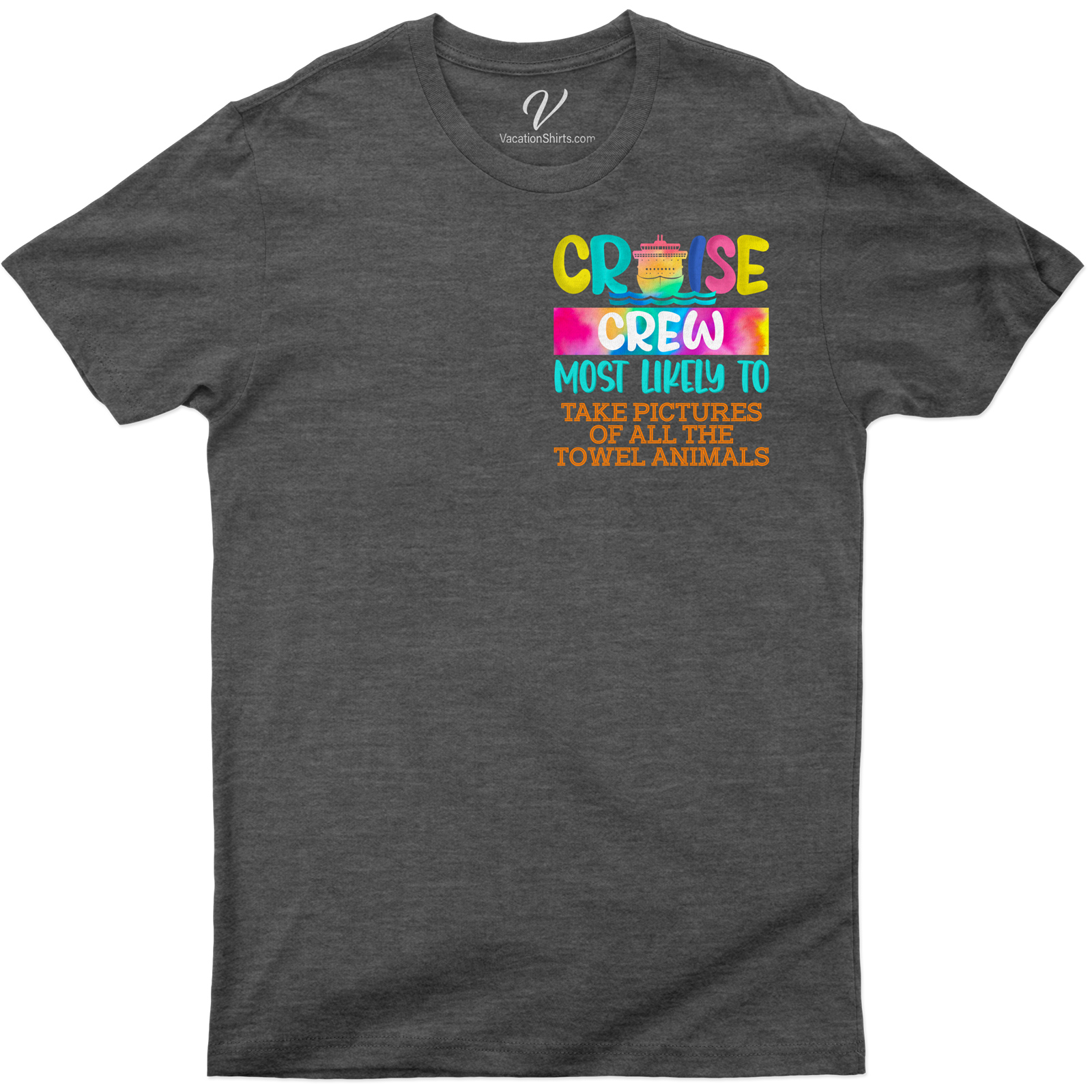 Cruise Crew - Most Likely to Take Pictures of All the Towel Animals Fun Vacation Tee Capture your cruise vacation memories with our Fun Vacation Tee! Perfect for the Cruise Crew who loves Towel Animal Photography, this Cruise-Themed Clothing is your ultimate Cruise Souvenir T-Shirt. It's not just a Cruise Ship Tee, it's your Vacation Photo Shirt!