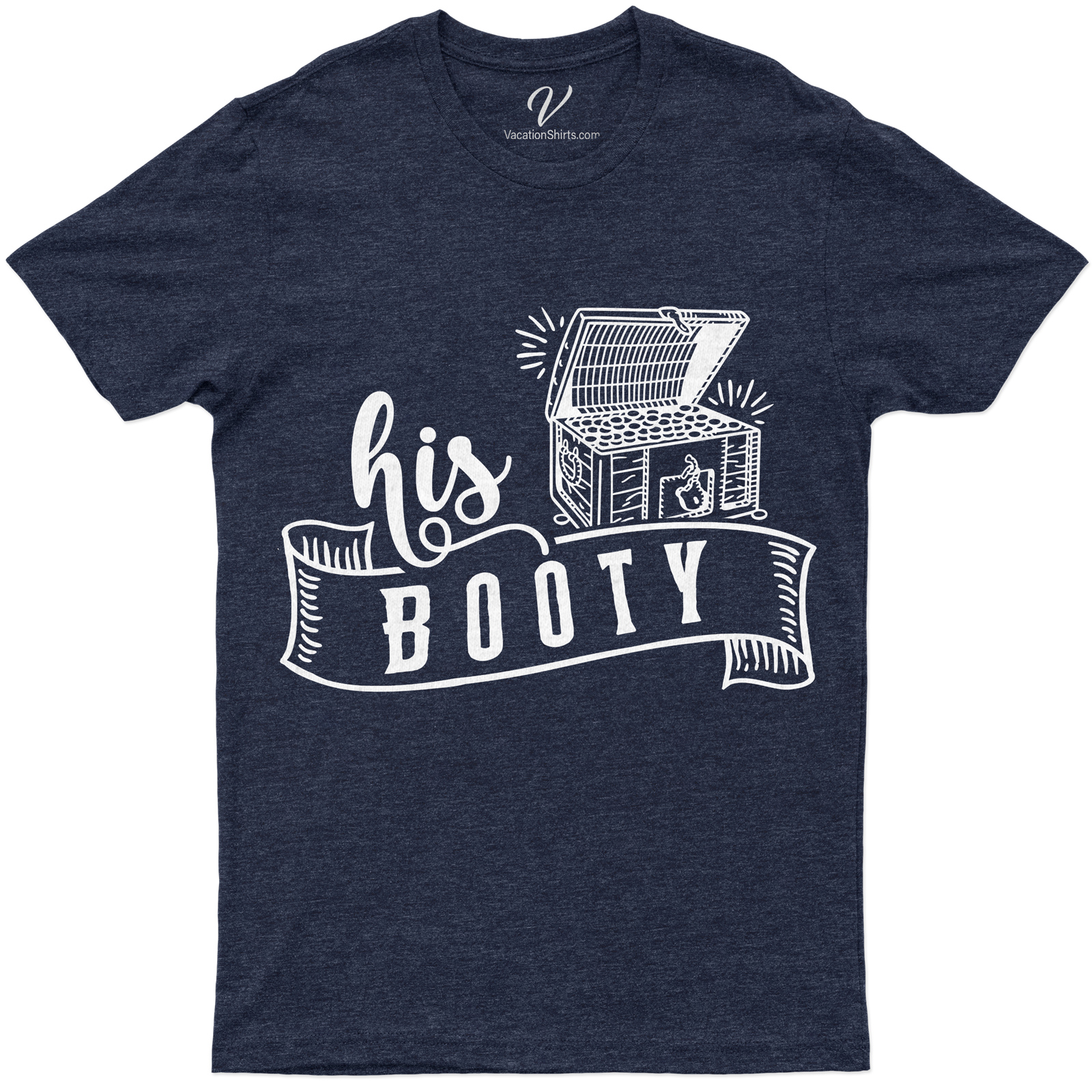 Treasure Chest 'His Booty' Graphic Vacation Tee Discover our 'His Booty' Treasure Chest Graphic Tee, a must-have for your summer wardrobe. This trendy, pirate-themed clothing piece is perfect for beach vacations, offering a unique, nautical twist to casual vacation wear. Unisex, exciting, and engaging - your ideal vacation graphic t-shirt!