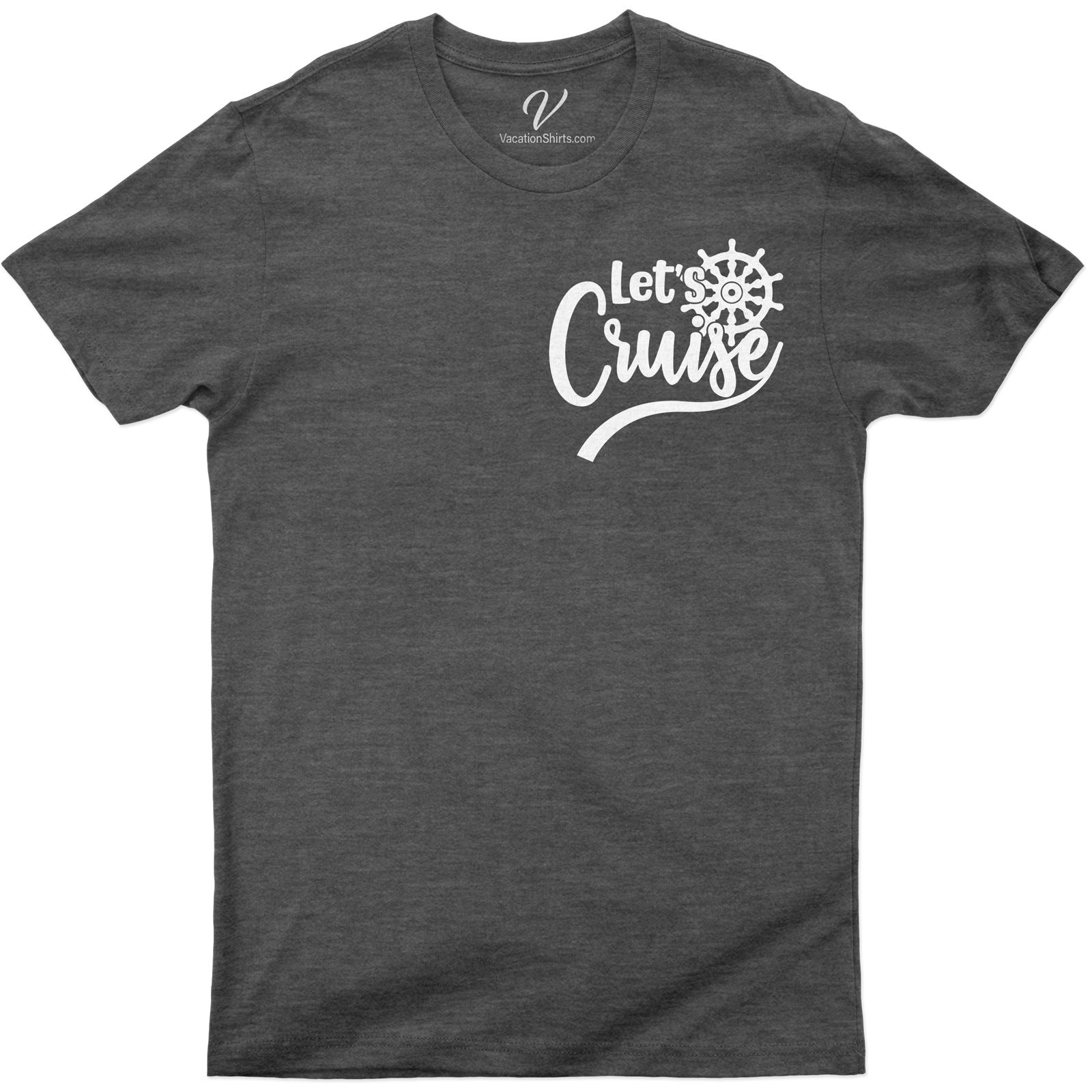 Let's Cruise - Nautical Wheel Graphic Vacation Tee Set sail in style with our 'Let's Cruise' Nautical Wheel Graphic Vacation Tee. This maritime fashion tee, part of our ocean vacation clothing line, combines sailing themed apparel with cruise vacation shirts for the ultimate sea travel shirt. Perfect for any nautical vacation outfit!