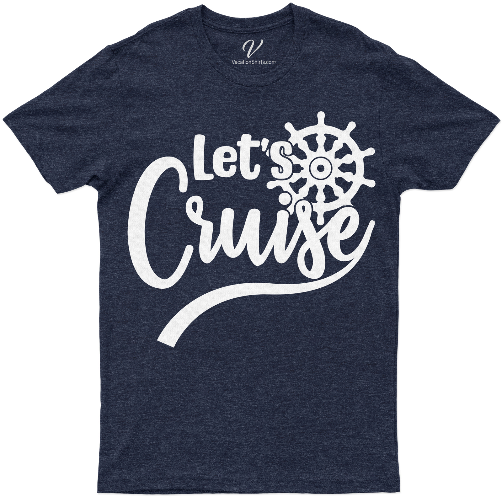 Let's Cruise - Nautical Wheel Graphic Vacation Tee Set sail in style with our 'Let's Cruise' Nautical Wheel Graphic Vacation Tee. This maritime fashion tee, part of our ocean vacation clothing line, combines sailing themed apparel with cruise vacation shirts for the ultimate sea travel shirt. Perfect for any nautical vacation outfit!