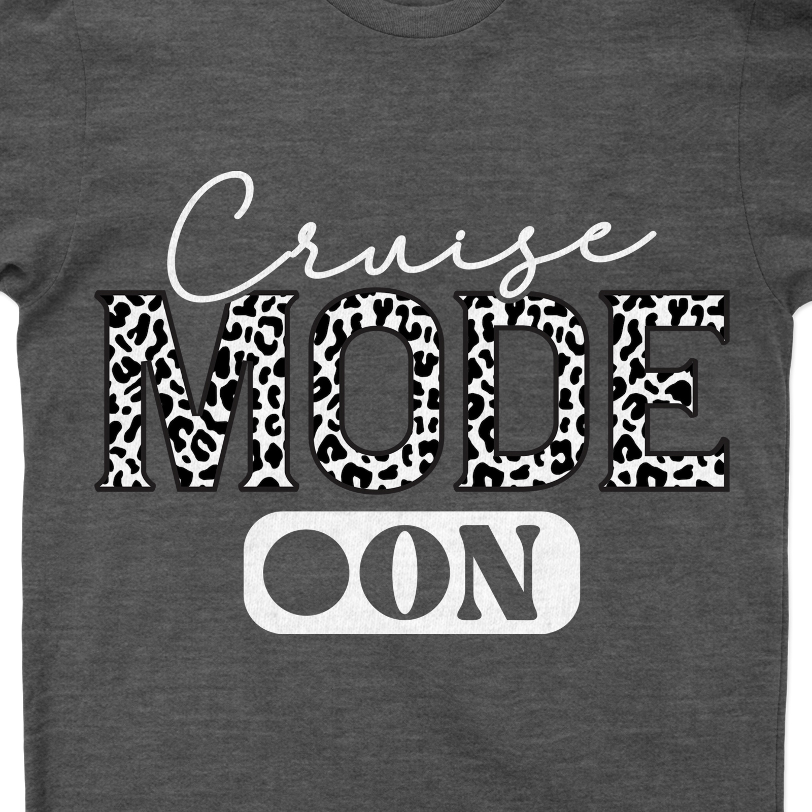 Cruise Mode On Casual Vacation Tee - Leopard Print Lettering Unleash your wild side with our Cruise Mode On Casual Vacation Tee. This trendy vacation tee features vibrant leopard print lettering, perfect for cruise vacation t-shirts lovers. It's the ultimate in casual vacation clothing and cruise ship apparel.