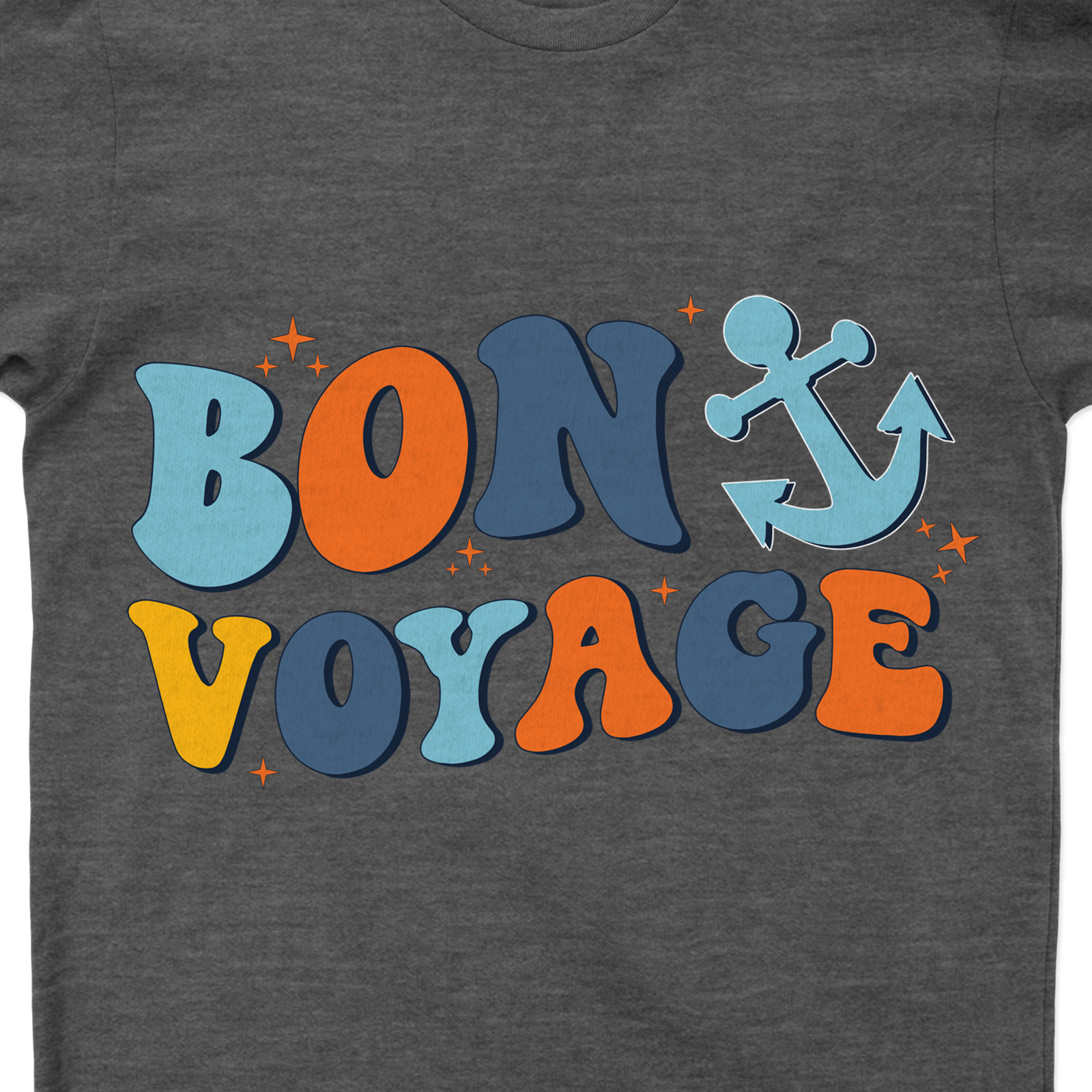Bon Voyage Anchor & Stars Graphic Travel Tee Embark on your next adventure with our Bon Voyage Anchor & Stars Graphic Travel Tee. This trendy travel tee, adorned with a nautical-themed anchor and star pattern, is the perfect companion for travelers seeking sea-themed, vacation-ready style.