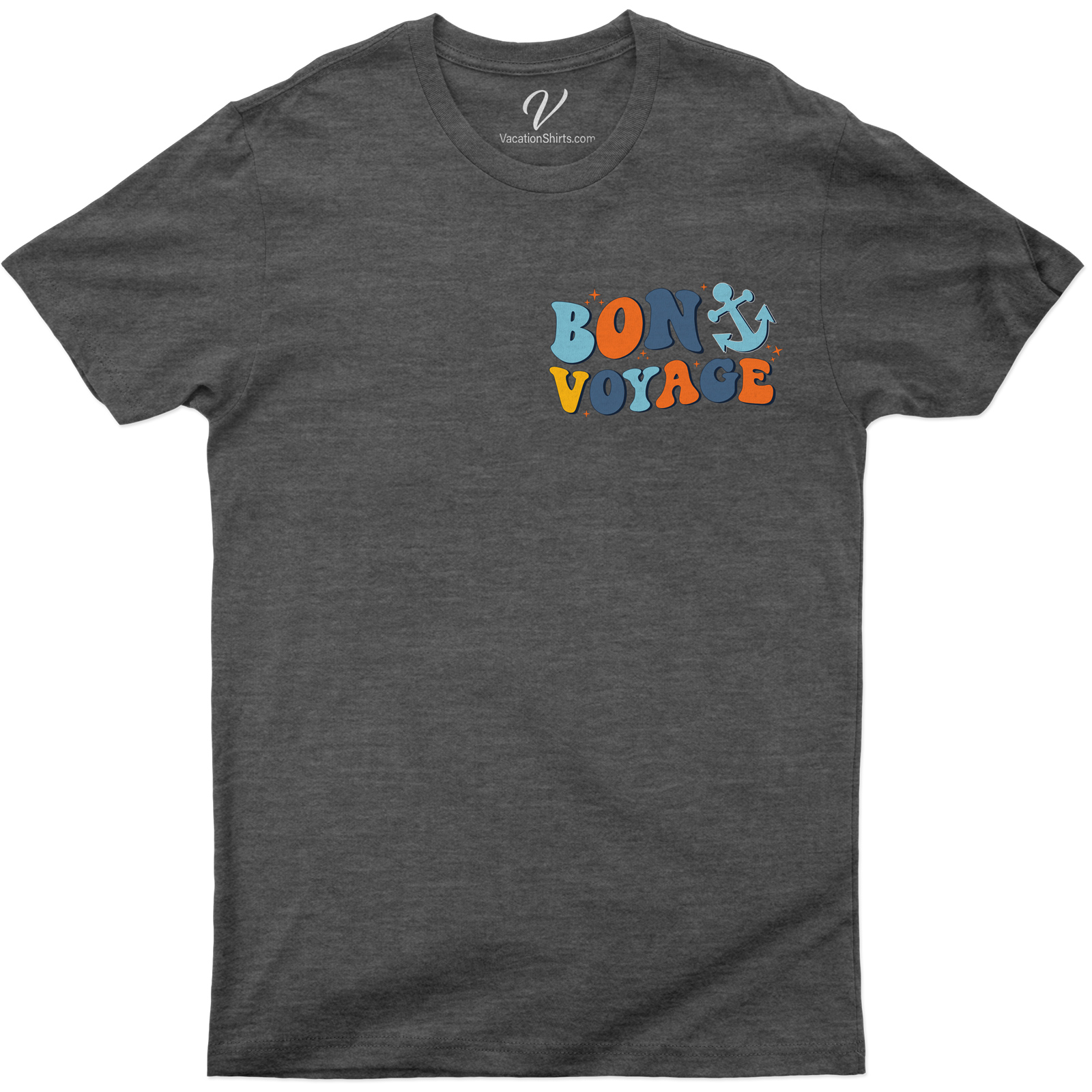 Bon Voyage Anchor & Stars Graphic Travel Tee Embark on your next adventure with our Bon Voyage Anchor & Stars Graphic Travel Tee. This trendy travel tee, adorned with a nautical-themed anchor and star pattern, is the perfect companion for travelers seeking sea-themed, vacation-ready style.