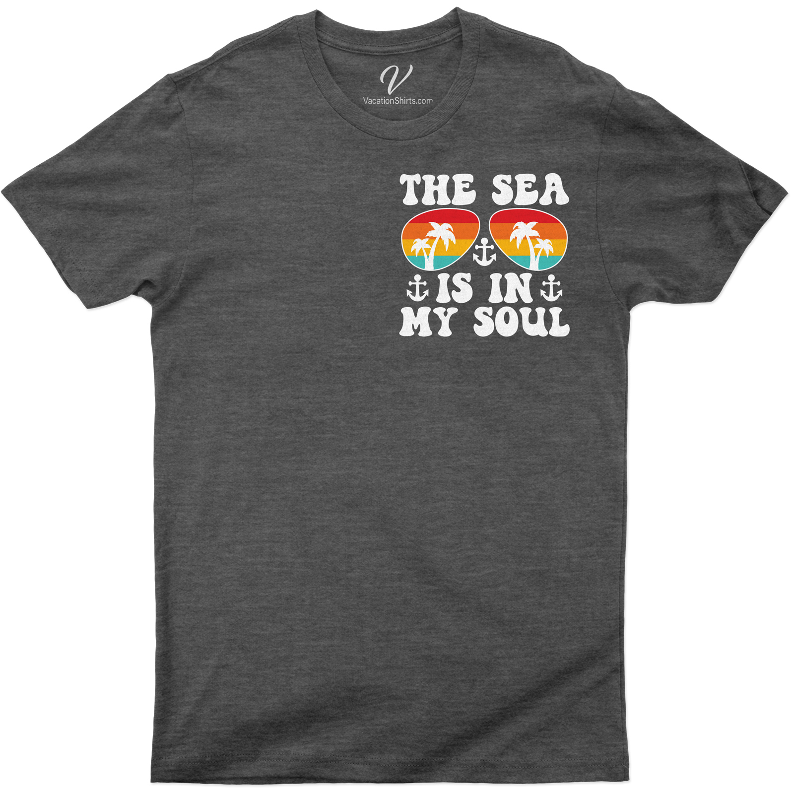 Tropical Palm Sunset & Anchor Graphic 'The Sea Is In My Soul' Vacation Tee Experience the allure of the tropics with our 'The Sea Is In My Soul' Vacation Tee. This Tropical Palm Sunset & Anchor Graphic Tee is a must-have for any Sea Soul Vacation. Perfect for Tropical Vacation T-Shirts lovers, it captures the essence of Sunset and Anchor Shirts.