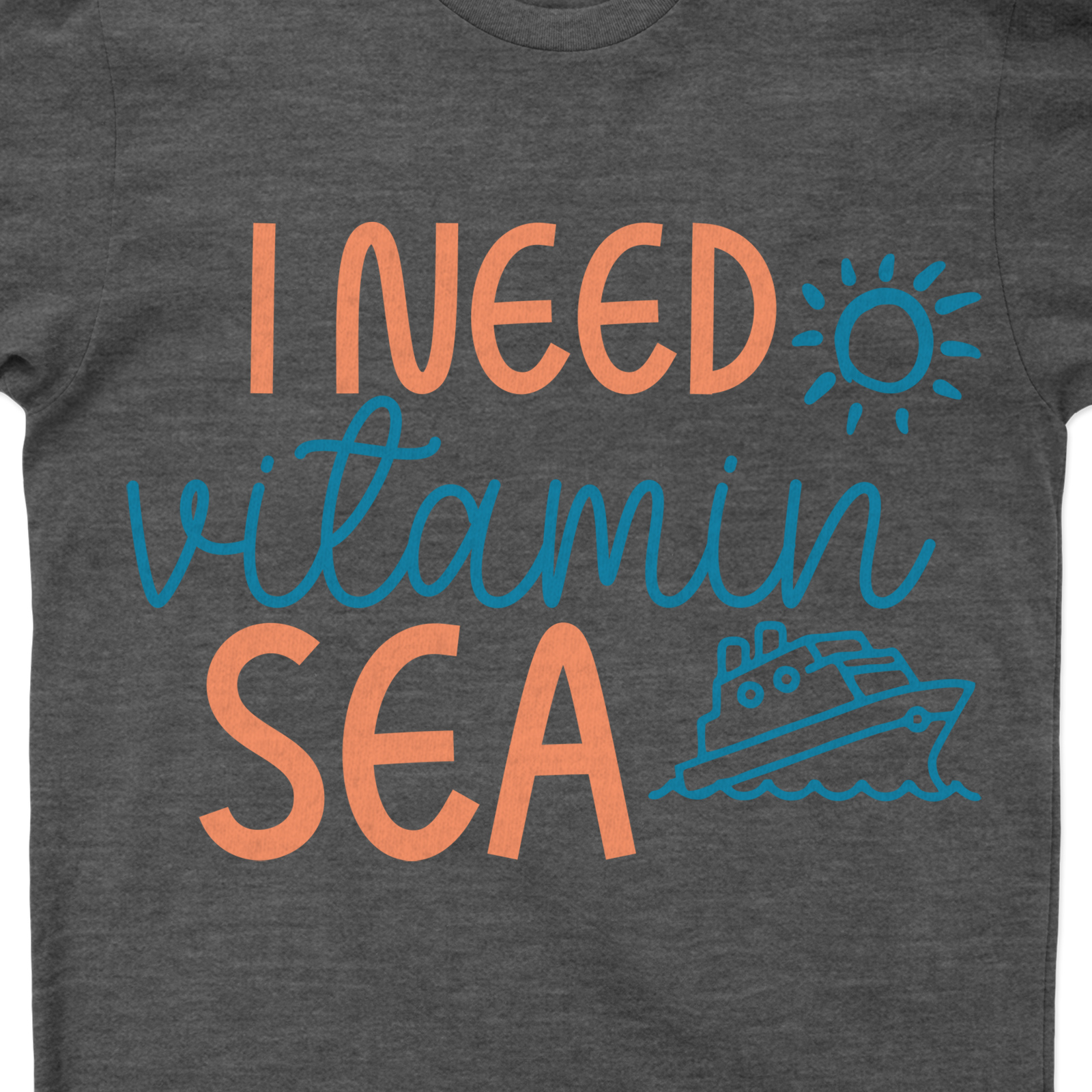 Ocean Getaway Graphic Tee - 'I Need Vitamin Sea' with Sun and Cruise Ship Illustration Experience the allure of the sea with our Ocean Getaway Graphic Tee. This 'I Need Vitamin Sea' T-Shirt, adorned with a sun and cruise ship illustration, is the perfect Summer Vacation T-Shirt for beach lovers and nautical enthusiasts. Your ultimate Cruise Vacation Apparel!