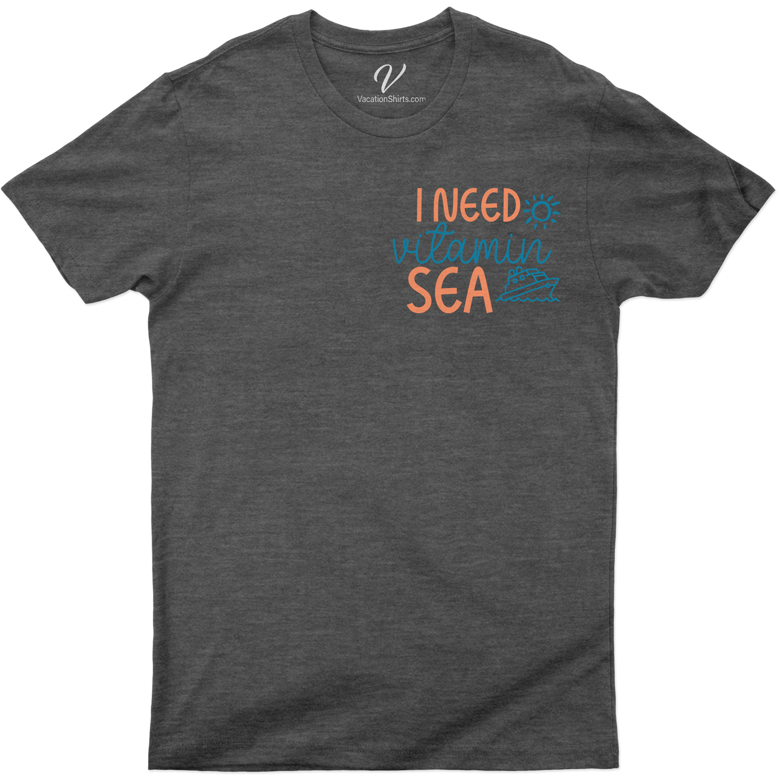 Ocean Getaway Graphic Tee - 'I Need Vitamin Sea' with Sun and Cruise Ship Illustration Experience the allure of the sea with our Ocean Getaway Graphic Tee. This 'I Need Vitamin Sea' T-Shirt, adorned with a sun and cruise ship illustration, is the perfect Summer Vacation T-Shirt for beach lovers and nautical enthusiasts. Your ultimate Cruise Vacation Apparel!
