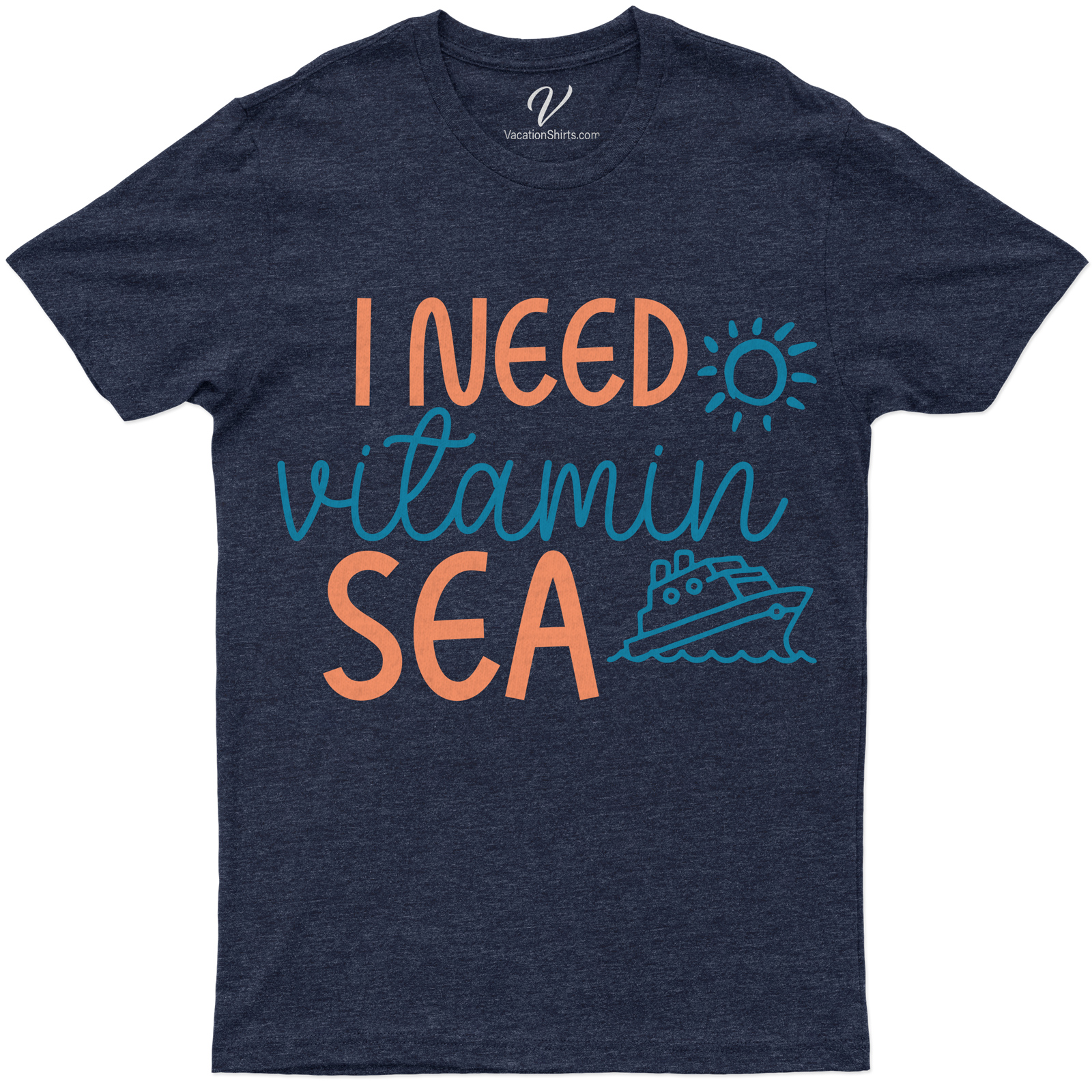 Ocean Getaway Graphic Tee - 'I Need Vitamin Sea' with Sun and Cruise Ship Illustration Experience the allure of the sea with our Ocean Getaway Graphic Tee. This 'I Need Vitamin Sea' T-Shirt, adorned with a sun and cruise ship illustration, is the perfect Summer Vacation T-Shirt for beach lovers and nautical enthusiasts. Your ultimate Cruise Vacation Apparel!