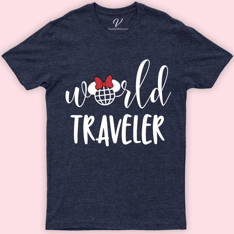 Minnie's World Traveler Shirt Disney Vacation Shirts Discover the globe with Minnie's World Traveler Shirt from VacationShirts.com. Perfect for globetrotters, this travel-themed apparel embodies adventure, featuring iconic landmarks. It's more than a t-shirt; it's a testament to wanderlust, international journeys, and cultural explorations. Embrace your inner explorer with this must-have piece in your vacation wardrobe.