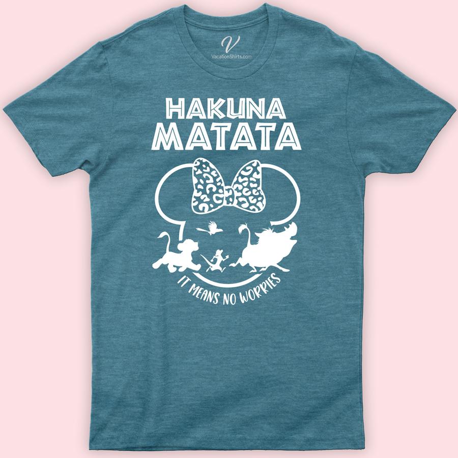 Hakuna Matata Minnie Shirt Disney Vacation Shirts Discover the magic with our Hakuna Matata Minnie Shirt, a perfect blend of Disney's Minnie Mouse and Lion King charm. Ideal for Disney family vacations, this unique Minnie Mouse Hakuna Matata top combines African Safari vibes with Disney theme park flair. Match in style with our enchanting Disney World shirts!