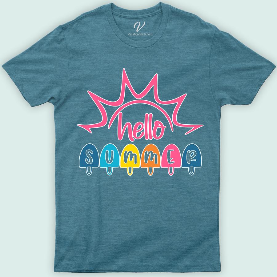 Hello Summer Shirt Beach Vacation Shirts Dive into summer with our Hello Summer Shirt from VacationShirts.com! Perfect for everyone, this lightweight, trendy top features cool, sun-themed graphics, making it the ultimate choice for beach days or casual outings. Embrace the season in style with our breathable, fashionable summer vacation shirt. Ideal for both women and men seeking summer fun!