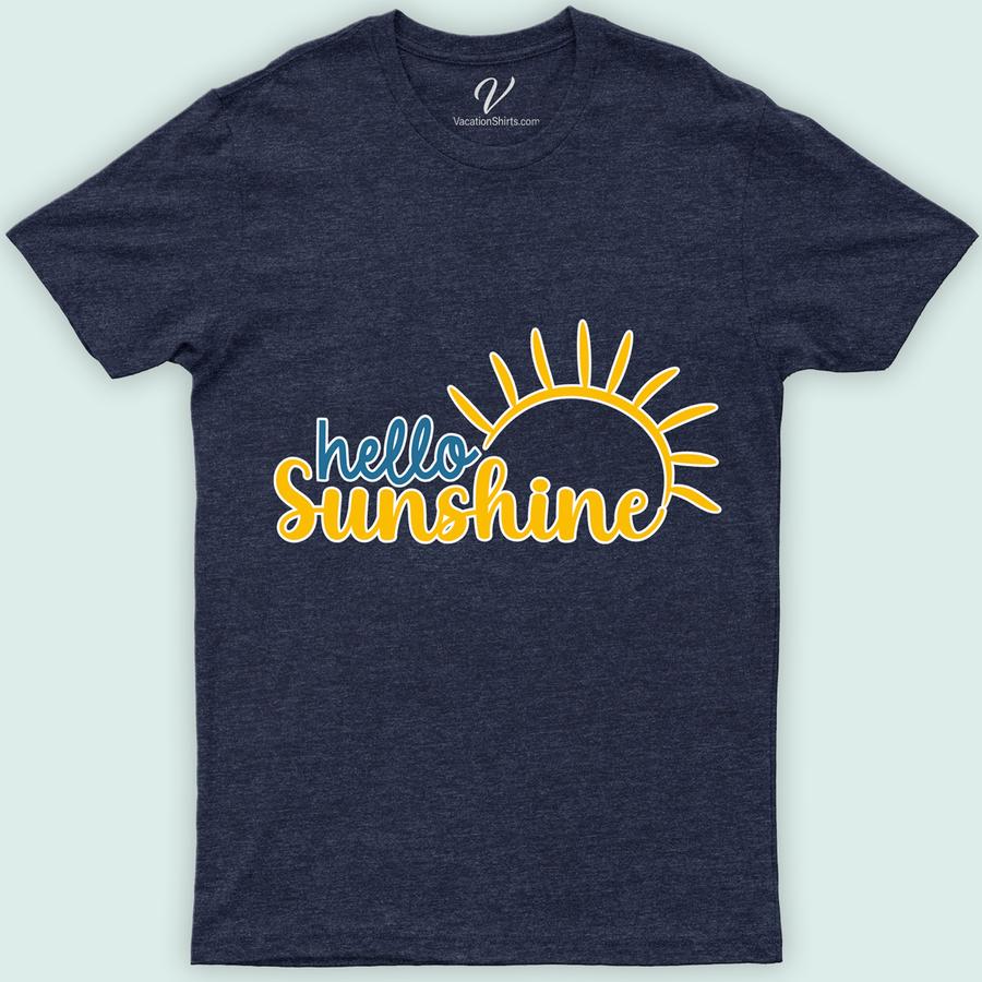 Hello Sunshine Shirt Beach Vacation Shirts Brighten your wardrobe with the Hello Sunshine Shirt from VacationShirts.com. This vibrant, bright yellow tee radiates summer vibes with its uplifting sun graphic and inspirational quote. Perfect for those who love positive message t-shirts and happy vibes clothing, it's a casual sunshine top that ensures you always feel good.