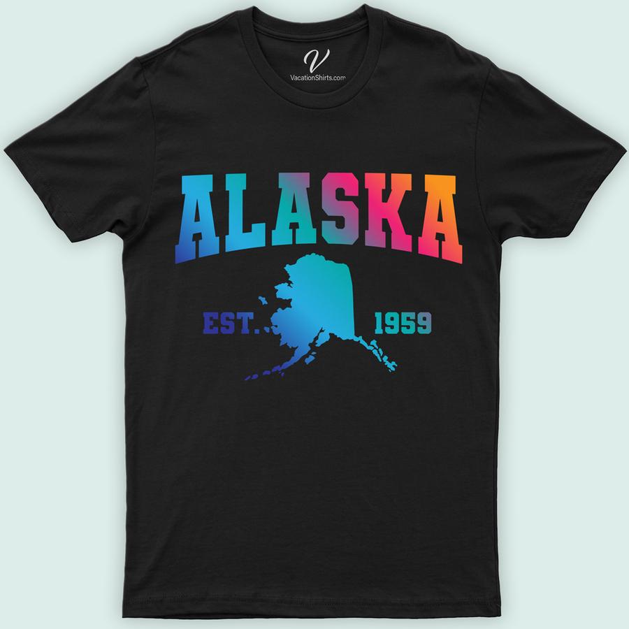 Alaska Colorful Map State Tee Alaska Vacation Shirts Discover the essence of the Last Frontier with our Alaska Colorful Map State Tee. This vibrant Alaska map shirt from VacationShirts.com is not just apparel; it's a canvas showcasing the beauty of Alaska. Perfect for tourists and locals alike, it's the ultimate Alaska souvenir T-shirt, blending style with the spirit of adventure.