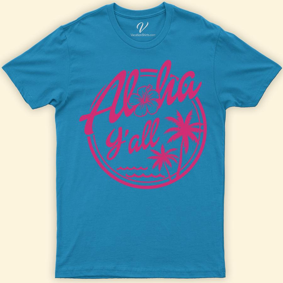 Aloha Yall Vacation Hawaii Tee Hawaii Vacation Shirts Embrace the spirit of paradise with our Aloha Y'all Vacation Hawaii Tee from VacationShirts.com. This unique blend of Southern charm and Hawaiian aloha makes it the perfect tropical vacation apparel. Crafted for comfort, it's your go-to for beachwear or exploring the Aloha State. Enter vacation mode with this casual, yet stylish Hawaiian holiday clothing.
