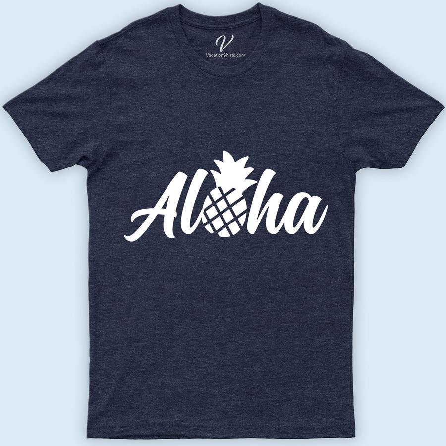 Aloha Pineapple Hawaii Calligraphy Tee Hawaii Vacation Shirts Embrace the spirit of the islands with our Aloha Pineapple Hawaii Calligraphy Tee from VacationShirts.com. This Hawaiian-style t-shirt blends tropical calligraphy apparel charm with a vibrant pineapple graphic tee design. Perfect as aloha beachwear, it's a must-have for lovers of Hawaiian calligraphy fashion and tropical pineapple clothing.