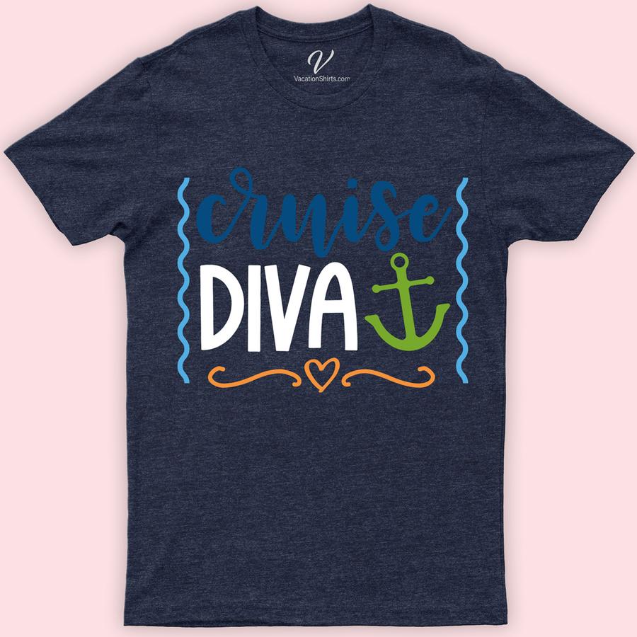 Cruise Diva Calligraphy Vacation Tee Funny Cruise Vacation Shirts Embark on your sea voyage in style with the Cruise Diva Calligraphy Vacation Tee from VacationShirts.com. This custom cruise wear blends elegant calligraphy with nautical charm, offering a personalized touch for your ocean-themed adventures. Perfect for any tropical vacation or sailing trip, it's the ultimate cruise ship outfit essential.
