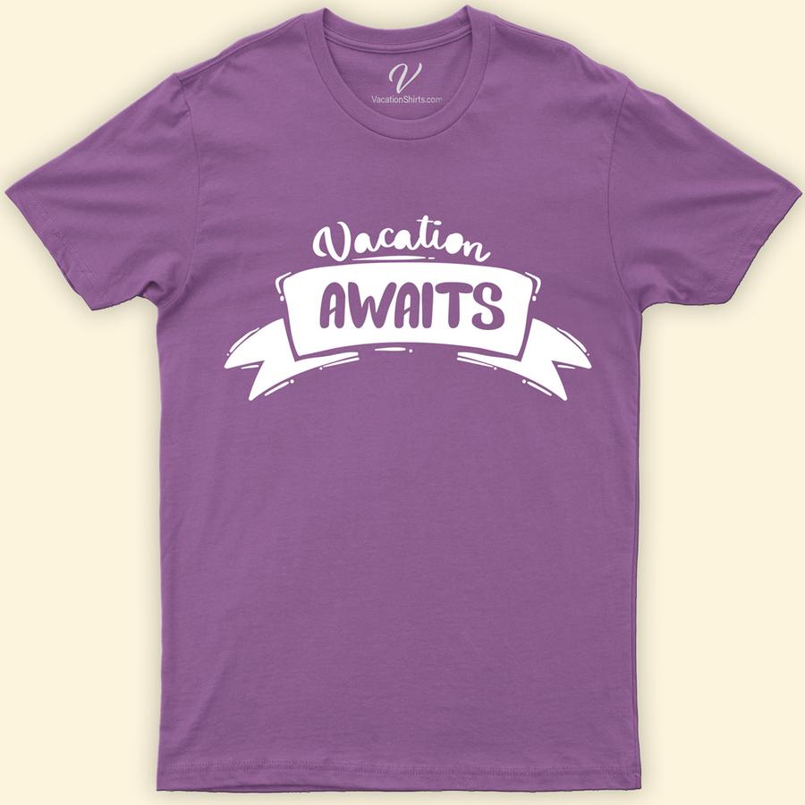 Vacation Awaits Banner Tee Vacation Shirts Embark on your next adventure with the Vacation Awaits Banner Tee from VacationShirts.com. Perfect for wanderlust souls, this travel T-shirt blends comfort with style, making it your go-to for beach vacations, road trips, and tropical destinations. Embrace the spirit of exploration and make every holiday memorable with this essential summer getaway tee.