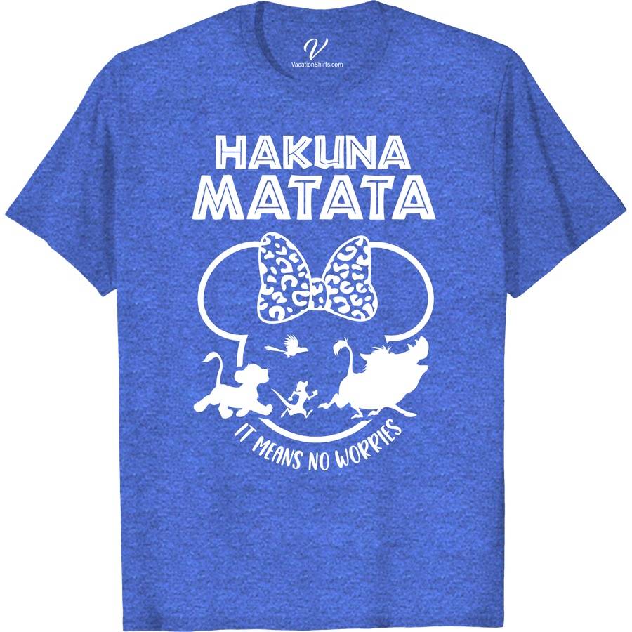 Hakuna Matata Minnie Shirt Disney Vacation Shirts Discover the magic with our Hakuna Matata Minnie Shirt, a perfect blend of Disney's Minnie Mouse and Lion King charm. Ideal for Disney family vacations, this unique Minnie Mouse Hakuna Matata top combines African Safari vibes with Disney theme park flair. Match in style with our enchanting Disney World shirts!