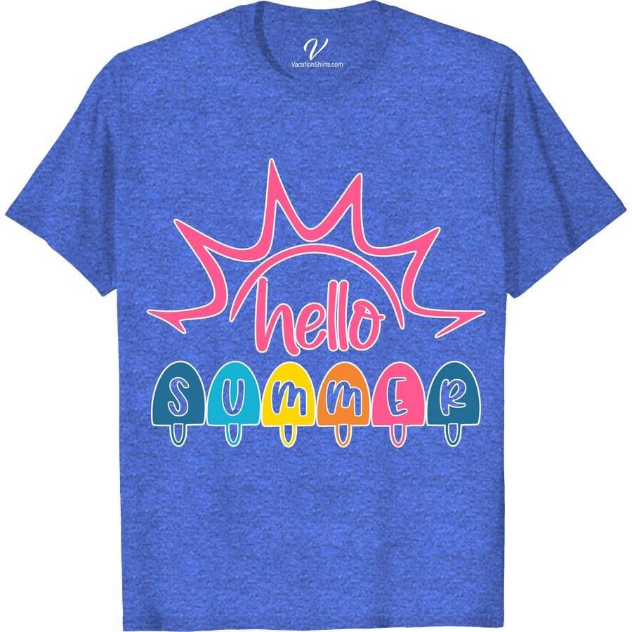 Hello Summer Shirt Beach Vacation Shirts Dive into summer with our Hello Summer Shirt from VacationShirts.com! Perfect for everyone, this lightweight, trendy top features cool, sun-themed graphics, making it the ultimate choice for beach days or casual outings. Embrace the season in style with our breathable, fashionable summer vacation shirt. Ideal for both women and men seeking summer fun!