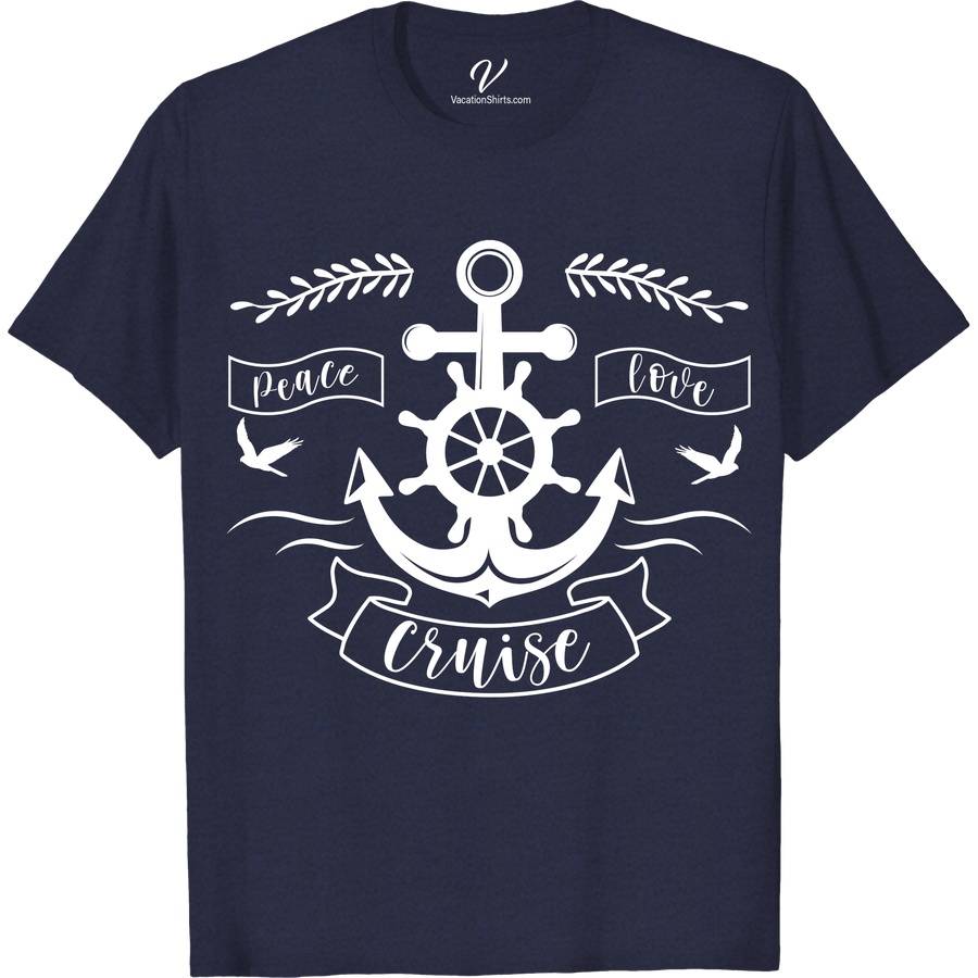 Peace Love Cruise: Vibrant Vacation Tee Classic Cruise Vacation Shirts Set sail in style with the Peace Love Cruise Tee from VacationShirts.com! This vibrant vacation tee, perfect for any cruise ship outfit, combines nautical themes with tropical vibes. Ideal for beach vacations or sailing adventures, it's the ultimate summer cruise apparel. Embrace the ocean spirit in this unique, nautical-themed clothing piece!