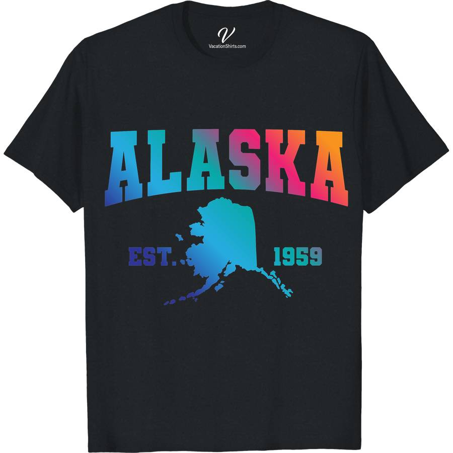 Alaska Colorful Map State Tee Alaska Vacation Shirts Discover the essence of the Last Frontier with our Alaska Colorful Map State Tee. This vibrant Alaska map shirt from VacationShirts.com is not just apparel; it's a canvas showcasing the beauty of Alaska. Perfect for tourists and locals alike, it's the ultimate Alaska souvenir T-shirt, blending style with the spirit of adventure.