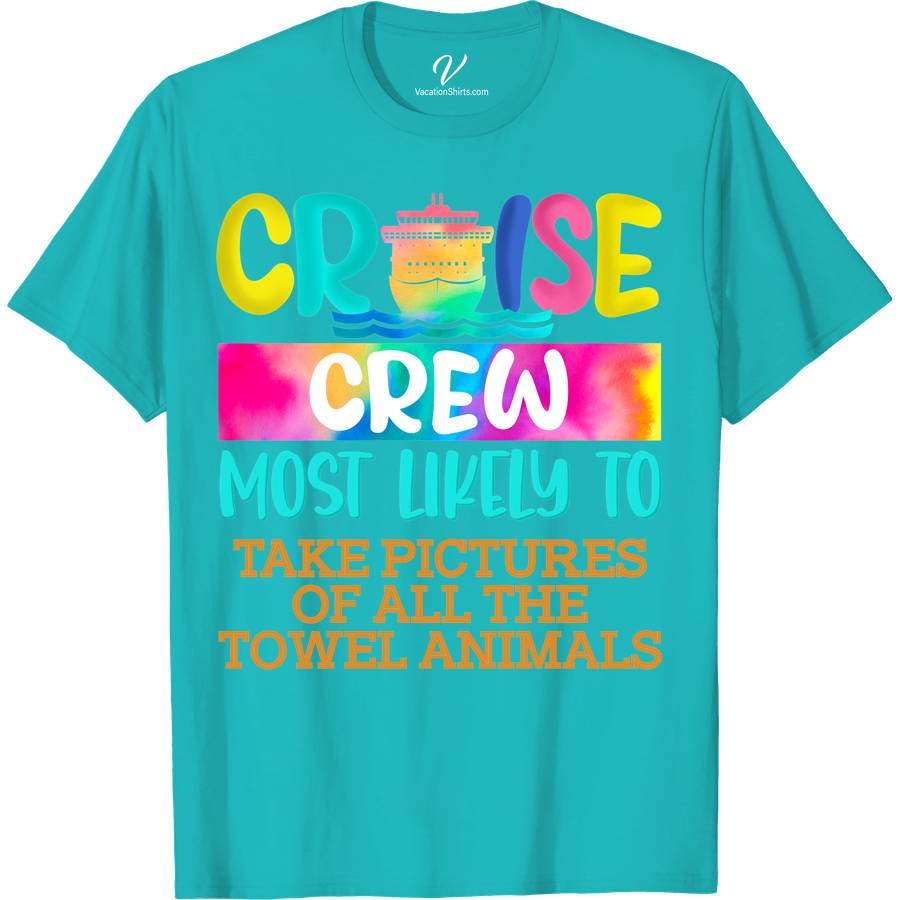 Cruise Crew - Most Likely to Take Pictures of All the Towel Animals Fun Vacation Tee Most Likely Cruise Shirts Set sail in style with the Cruise Crew Tee from VacationShirts.com! Perfect for family cruises, this fun vacation apparel features unique towel animal designs, making it a must-have for cruise photo souvenirs. Embrace the ocean vibe with this novelty cruise shirt, ideal for any nautical-themed cruise party outfit.