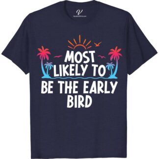 Most Likely To Be The Early Bird Vacation Tshirt Most Likely Vacation Shirts Embrace the dawn with our Early Bird Vacation T-shirt! Perfect for sunrise lovers and morning people, this tee celebrates early risers and beach sunrise moments. Crafted for those who believe the early bird catches the worm, it's your go-to for every sunrise vacation and early morning adventure. Be the early bird in style!