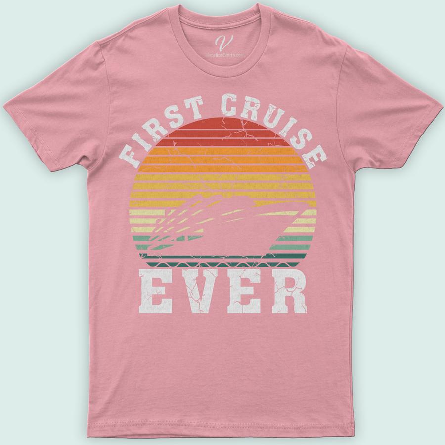 First Cruise Ever Retro Sunset Graphic Tee Classic Cruise Vacation Shirts Embark on your maiden voyage with the "First Cruise Ever Retro Sunset Graphic Tee" from VacationShirts.com. This nautical graphic tee captures the essence of ocean adventures with its vintage cruise apparel design, featuring a stunning tropical sunset. Perfect for any sea voyage, it's a must-have in cruise wear for both men and women.