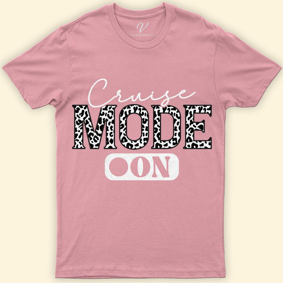 Cruise Mode On Casual Vacation Tee - Leopard Print Lettering Classic Cruise Vacation Shirts Embrace your wanderlust with our 'Cruise Mode On' Casual Vacation Tee, featuring chic leopard print lettering. Perfect for women seeking stylish cruise wear, this travel-themed t-shirt blends nautical casual wear with beach vacation vibes. Elevate your cruise fashion with this essential piece, a must-have for any casual cruise outfit.