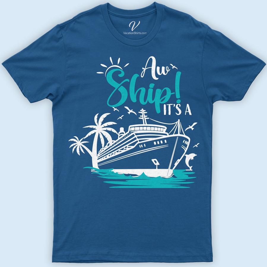 Tropical Cruise Pun Graphic Tee - 'Aw Ship! It's A Vacation' - Unisex Casual Wear Funny Cruise Vacation Shirts Dive into vacation mode with our 'Aw Ship! It's A Vacation' Tropical Cruise Pun Graphic Tee. Perfect for any sea adventurer, this unisex casual wear blends humor and style. Featuring unique tropical tee designs, it's the ultimate in cruise vacation apparel. Embrace the nautical vibe with this must-have beach vacation shirt!
