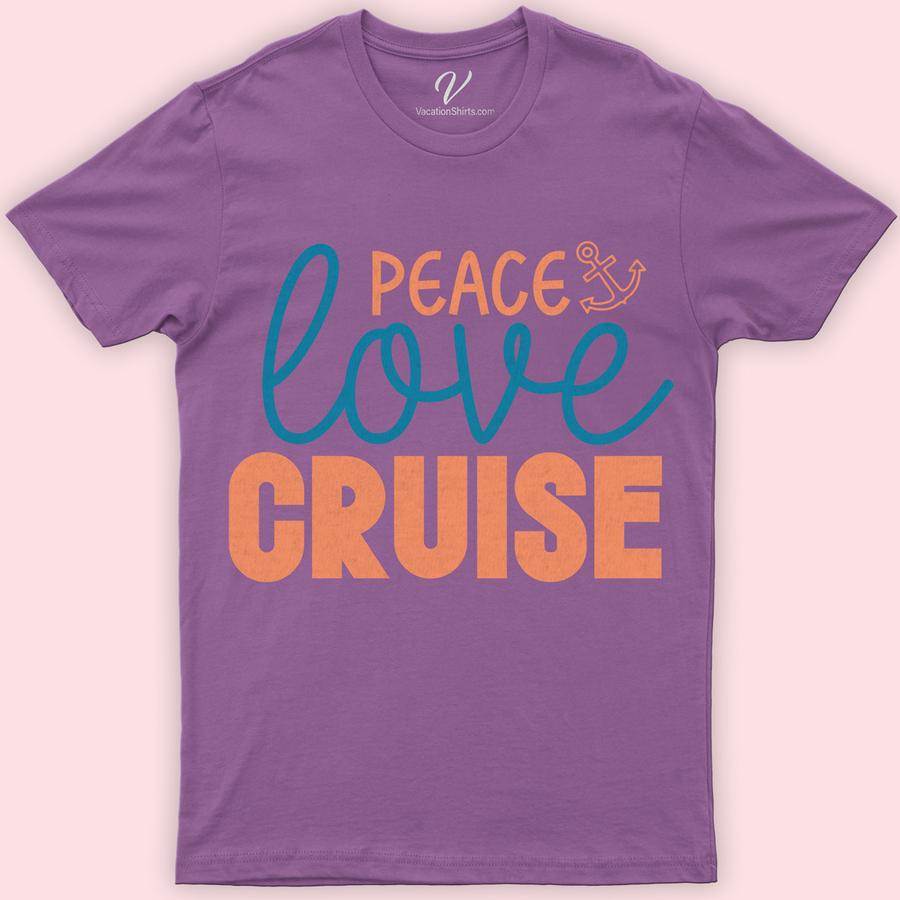 Peace Love Cruise Graphic Tee - Nautical Vacation Shirt Classic Cruise Vacation Shirts Set sail in style with our Peace Love Cruise Graphic Tee! Perfect for any nautical adventure, this shirt combines comfort with maritime fashion. Featuring a unique sailing theme, it's the ideal addition to your cruise ship attire or beach vacation apparel. Embrace the ocean trip spirit in this coastal holiday essential!