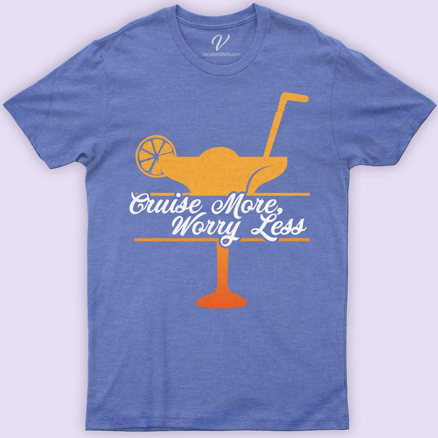 Cruise More, Worry Less Tropical Cocktail Graphic Tee - VacationShirts.com Exclusive Boozy Cruise Vacation Shirts Embrace the essence of paradise with our exclusive Cruise More, Worry Less Tropical Cocktail Graphic Tee. Perfect for any gender, this vacation-themed clothing merges comfort with style, making it a must-have for beach vacations, cruises, and summer cocktails. Stand out in our unique, travel-inspired shirt and make every moment a celebration!