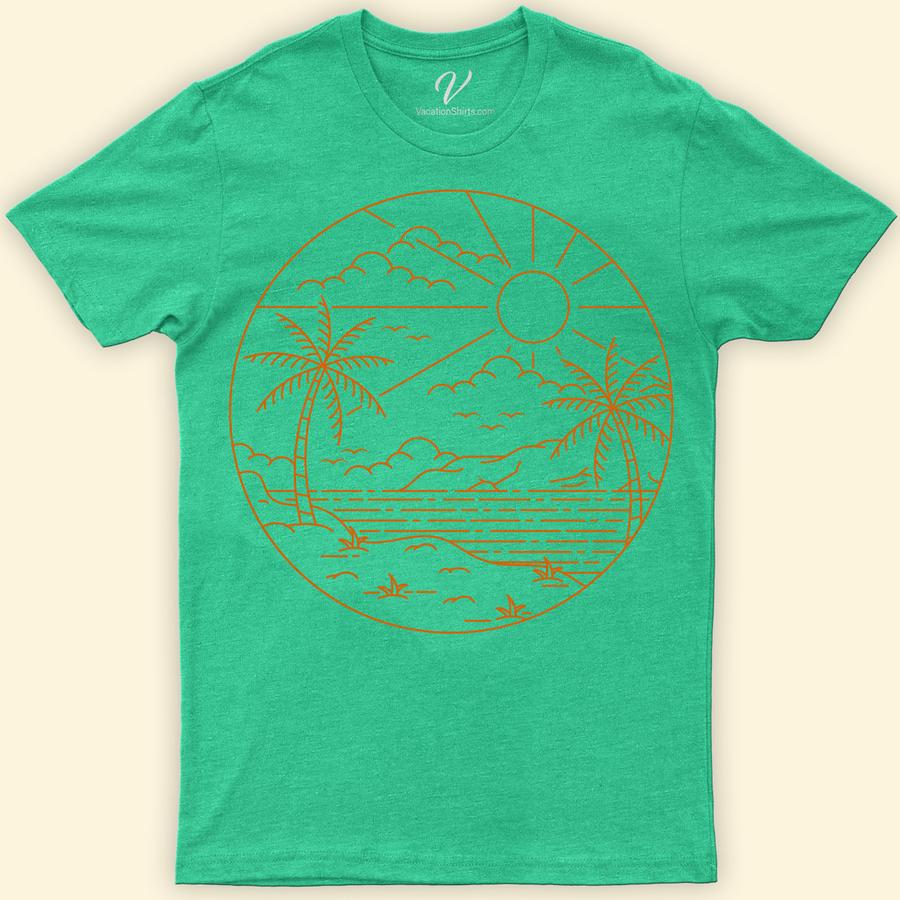 Tropical Sunset Line Art Unisex Tee - Beach Palms and Ocean Waves Beach Vacation Shirts Discover the essence of paradise with our Tropical Sunset Line Art Unisex Tee. Featuring a minimalist palm tree and ocean waves design, this beach line art tee captures the serene beauty of coastal sunsets. Perfect for beach lovers, this ocean-inspired unisex shirt blends tropical beachwear with a sunset silhouette, making it an essential addition to your wardrobe. Embrace the allure of the shore in style!