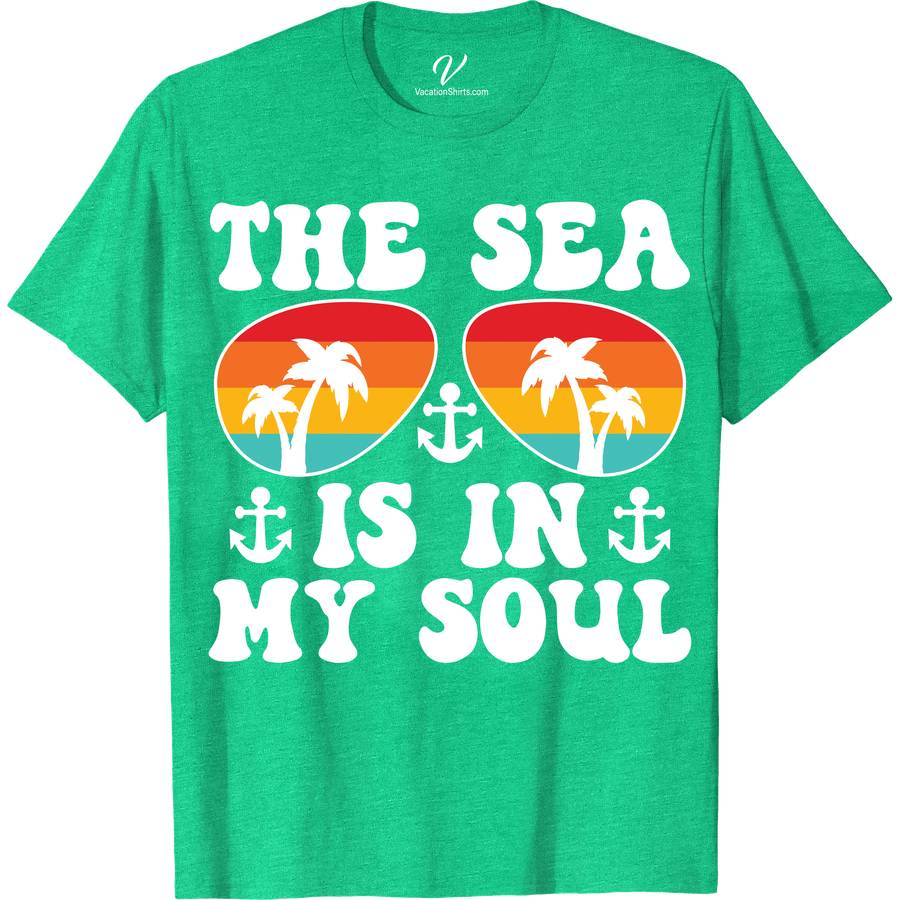 Tropical Palm Sunset & Anchor Graphic 'The Sea Is In My Soul' Vacation Tee Classic Vacation Shirts Embrace the essence of summer with our Tropical Palm Sunset & Anchor Graphic Tee. Perfect for beach lovers, this 'The Sea Is In My Soul' vacation shirt blends nautical charm and coastal fashion. Featuring a stunning palm sunset and anchor design, it's the ultimate ocean-inspired, sailing motif apparel for your next holiday.