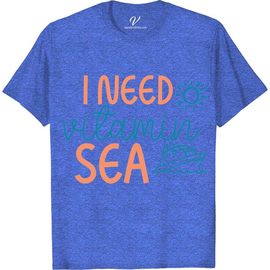 Ocean Getaway Graphic Tee - 'I Need Vitamin Sea' with Sun and Cruise Ship Illustration Classic Cruise Vacation Shirts Dive into summer with our Ocean Getaway Graphic Tee! Flaunting a vibrant 'I Need Vitamin Sea' slogan, sun, and cruise ship illustration, this beach vacation shirt is your perfect coastal fashion top. Ideal for sea lovers, it embodies nautical charm and maritime themes, making it a must-have for your summer getaway wardrobe.