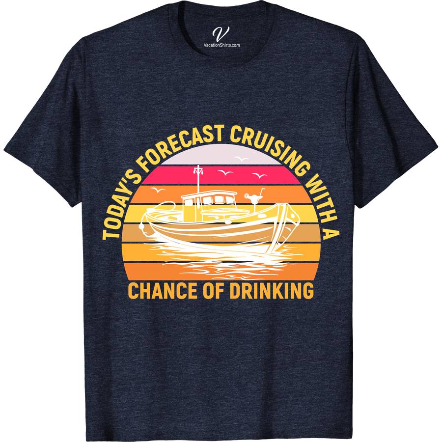 Today's Forecast: Cruising with a Chance of Drinking Fun Vacation Tee Boozy Cruise Vacation Shirts Dive into your getaway with "Today's Forecast: Cruising with a Chance of Drinking" Tee from VacationShirts.com. Perfect for cruise enthusiasts, this fun vacation tee blends humor with style, making it a must-have for any cruise party. Crafted for comfort, it's your go-to for tropical vibes and memorable laughs. Ideal for beach lounging or nautical adventures, it's the ultimate in cruise ship apparel and vacation drinking shirts.
