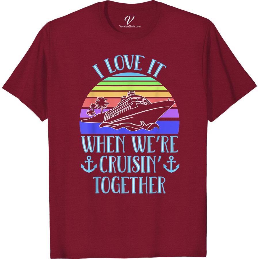 Cruise Companion Retro Tee - Sunset Love Cruisin' Together Hit the high seas in style with our Cruise Companion Retro Tee - Sunset Love Cruisin' Together! Perfect for couples, this nautical t-shirt captures the romance of a sunset cruise. Get matching cruise apparel and show off your love with our retro cruise shirts on your next vacation!