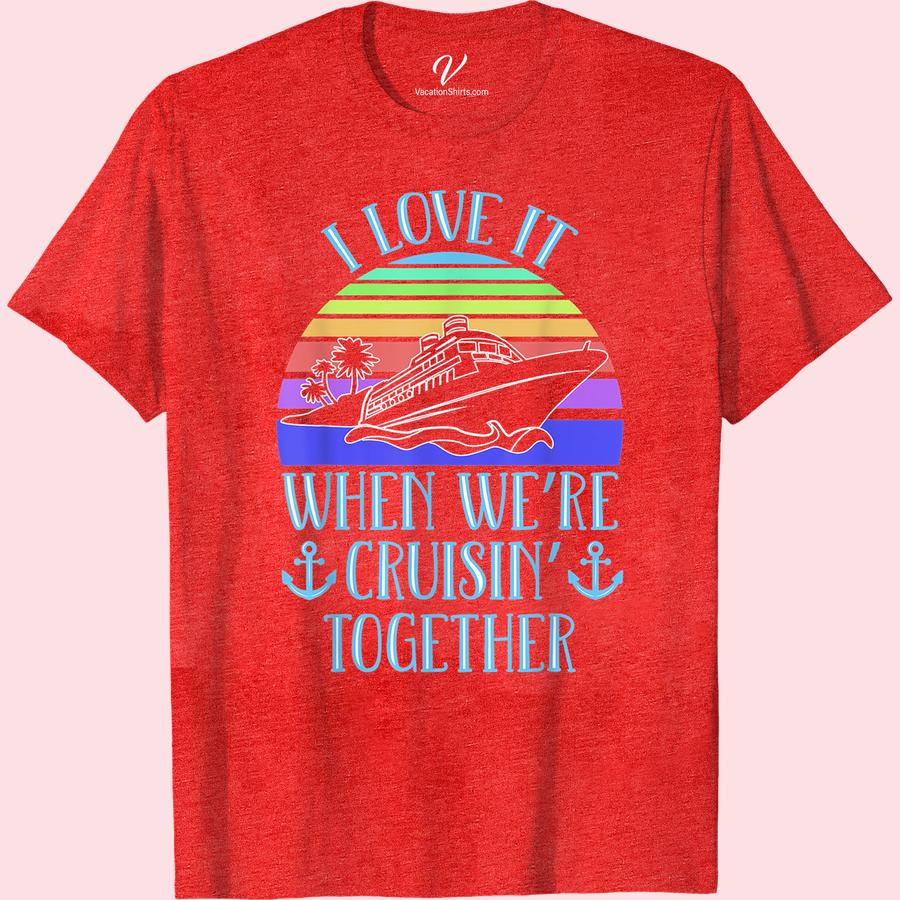 Cruise Companion Retro Tee - Sunset Love Cruisin' Together Hit the high seas in style with our Cruise Companion Retro Tee - Sunset Love Cruisin' Together! Perfect for couples, this nautical t-shirt captures the romance of a sunset cruise. Get matching cruise apparel and show off your love with our retro cruise shirts on your next vacation!