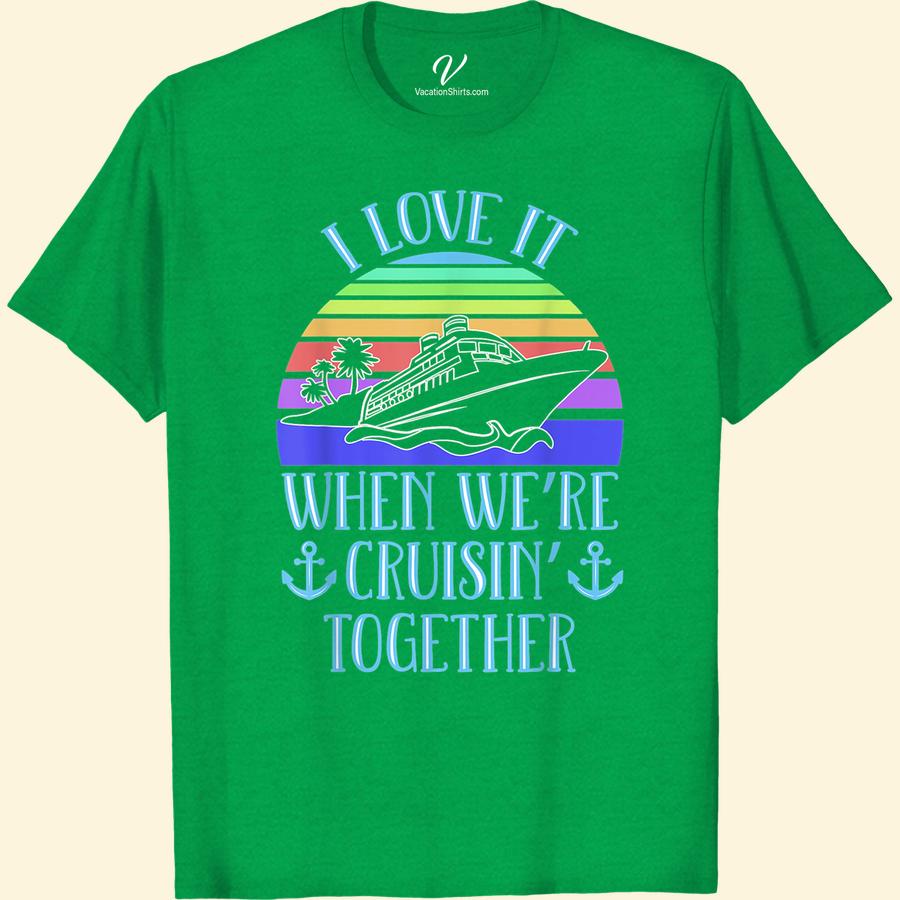 Cruise Companion Retro Tee - Sunset Love Cruisin' Together Hit the high seas in style with our Cruise Companion Retro Tee - Sunset Love Cruisin' Together! Perfect for couples, this nautical t-shirt captures the romance of a sunset cruise. Get matching cruise apparel and show off your love with our retro cruise shirts on your next vacation!