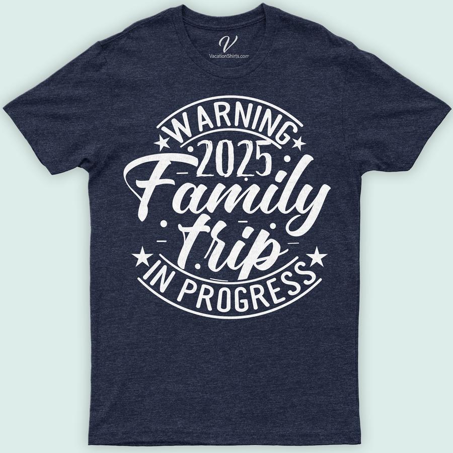 Warning Family Trip In Progress - Fun Vacation Graphic Tee Family Vacation Shirts Embark on your next adventure with our "Warning Family Trip In Progress" Fun Vacation Graphic Tee! Perfect for group vacations, this custom family trip shirt features a playful warning sign design, making it an essential addition to your matching family vacation wardrobe. Ideal for road trips, family holidays, and every adventure in between, this travel graphic t-shirt promises comfort, style, and unforgettable memories. Grab yours from VacationShirts.com and make your family outing extra special!