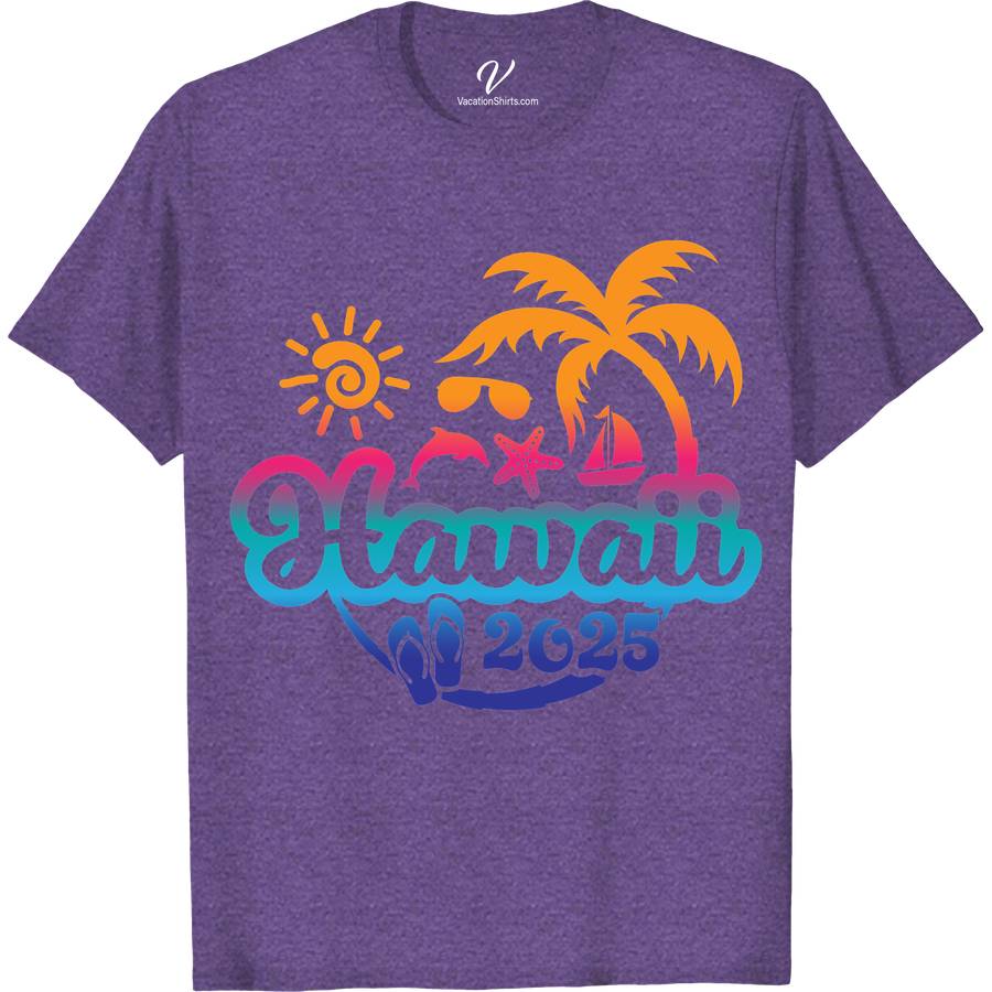 Hawaii 2025 Souvenir Tee Tropical Paradise Palm & Sunset