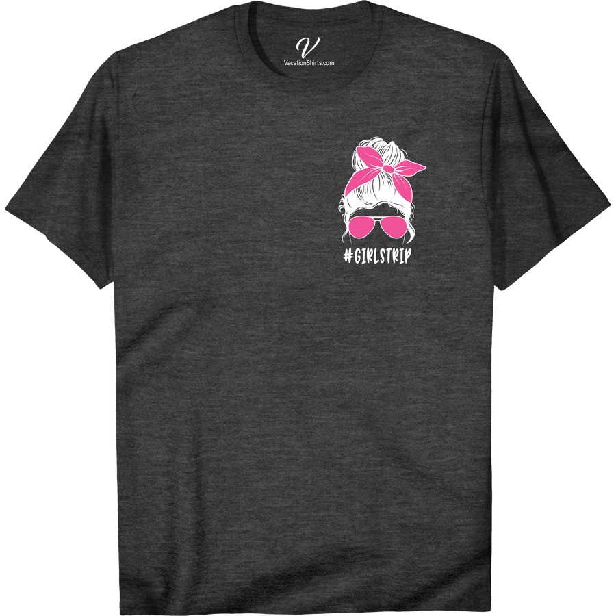 Stylish 'Girlstrip' Tee with Sunglasses & Bow - Vacay Ready! Get vacation-ready with our stylish 'Girlstrip' Tee! Featuring trendy sunglasses and a bow accent, this women's travel shirt is perfect for your next group getaway. Be the envy of the beach with this trendy travel tee, and make your girls trip unforgettable with our chic vacation apparel.