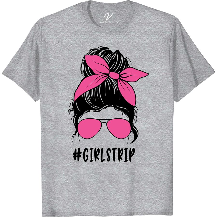 Stylish 'Girlstrip' Tee with Sunglasses & Bow - Vacay Ready! Get vacation-ready with our stylish 'Girlstrip' Tee! Featuring trendy sunglasses and a bow accent, this women's travel shirt is perfect for your next group getaway. Be the envy of the beach with this trendy travel tee, and make your girls trip unforgettable with our chic vacation apparel.