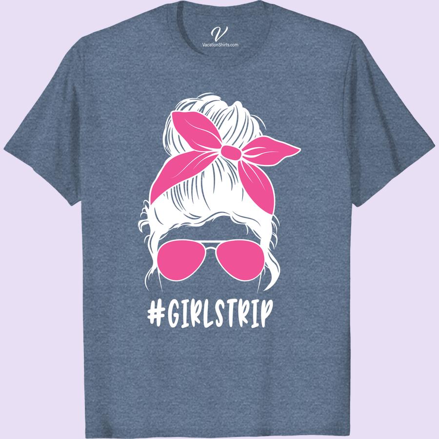Stylish 'Girlstrip' Tee with Sunglasses & Bow - Vacay Ready! Girls Trip Shirts Get vacation-ready with our stylish 'Girlstrip' Tee! Featuring trendy sunglasses and a bow accent, this women's travel shirt is perfect for your next group getaway. Be the envy of the beach with this trendy travel tee, and make your girls trip unforgettable with our chic vacation apparel.