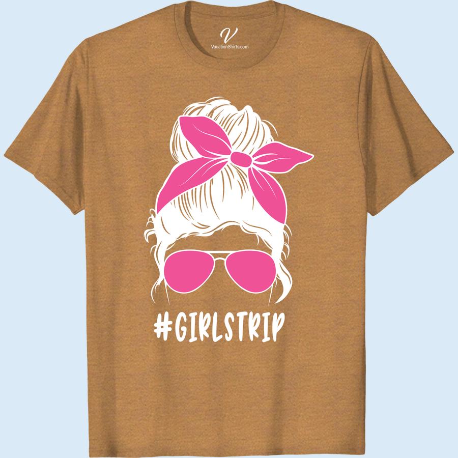 Stylish 'Girlstrip' Tee with Sunglasses & Bow - Vacay Ready! Girls Trip Shirts Get vacation-ready with our stylish 'Girlstrip' Tee! Featuring trendy sunglasses and a bow accent, this women's travel shirt is perfect for your next group getaway. Be the envy of the beach with this trendy travel tee, and make your girls trip unforgettable with our chic vacation apparel.