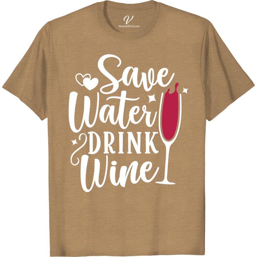 Wine Lover's 'Save Water Drink Wine' Tee - Fun Vacation Shirt Attention all wine enthusiasts! Our 'Save Water Drink Wine' tee is the perfect fun vacation shirt for any wine lover. Show off your love for wine with this wine-themed vacation wear. Whether you're sipping on a glass or touring a vineyard, this wine lover's t-shirt is a must-have for your wine-themed clothing collection. Get yours now and let the good times flow!