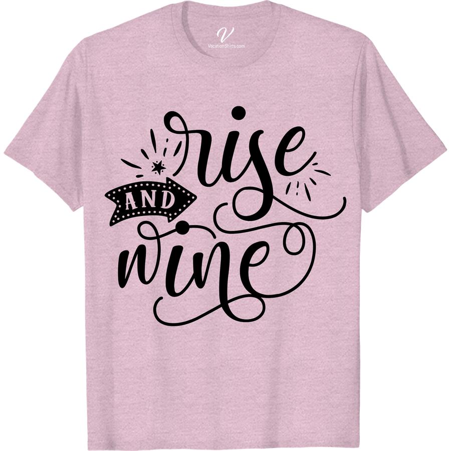 Rise and Wine: Fun & Comfy Vacation Tee in Multiple Colors Get ready for your next getaway with our Rise and Wine vacation t-shirt! This wine themed tee is the perfect addition to your fun vacation apparel collection. Made from comfy fabric, it's ideal for travel or casual vacation wear. Available in multiple colors, it's a must-have for any wine lover!