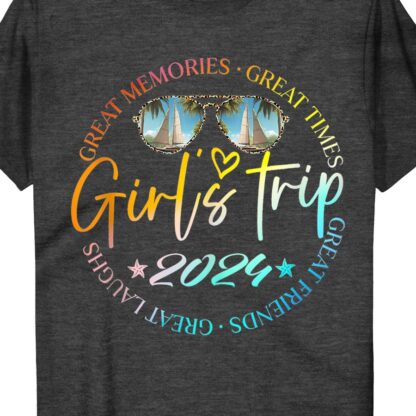 Girls' Trip 2024 Tee: Sunglasses & Sailboat - Fun Memories  Get ready for your next girls trip with our 2024 tee! Featuring a fun sunglasses and sailboat design, this beach vacation tee is the perfect girls getaway top. Create fun memories and take home a lasting souvenir with this travel t-shirt for women.
