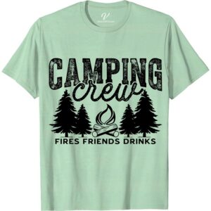 Camping Crew Tee - Fires, Friends & Drinks Graphic Shirt  Get ready for your next outdoor adventure with our Camping Crew Tee! Featuring a campfire graphic, this shirt is perfect for nature lovers and hiking enthusiasts. Join your camping buddies for fires, friends, and drinks in this stylish and comfortable wilderness graphic tee.