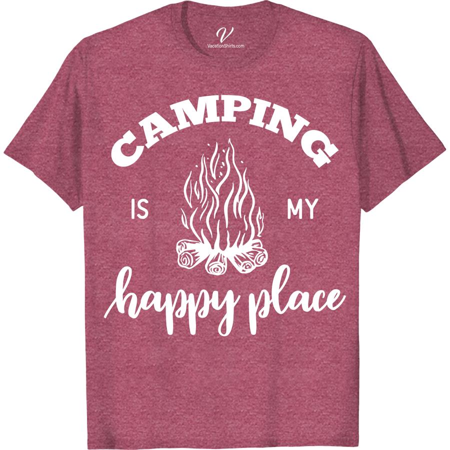 Outdoor Adventure Camping Graphic Tee - Happy Place Shirt Embrace the great outdoors with our 'Happy Place' camping t-shirt. Perfect for nature lovers, this outdoor adventure tee features a stunning graphic design that captures the spirit of wilderness exploration. Whether you're hiking or sitting around a campfire, this shirt is a must-have for any explorer's adventure apparel collection.