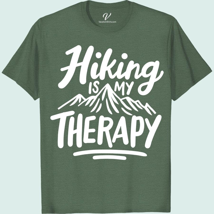 Outdoor Adventure Tee - Hiking Therapy Mountain Graphic Embrace the healing power of nature with our Hiking Therapy Mountain Graphic tee. Designed for outdoor adventure enthusiasts, this trekking t-shirt features a stunning mountain graphic and embodies the spirit of hiking therapy. Elevate your wilderness wardrobe with this essential piece of adventure apparel.